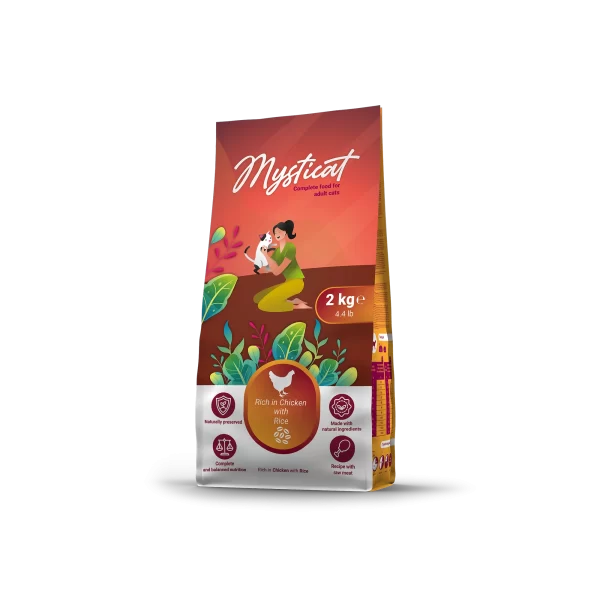 P02111003 MYSTICAT S VYSOKÝM OBSAHEM KUŘECÍHO MASA S RÝŽÍ PRO DOSPĚLÉ KOČKY 2 KG krmivo pro kočky s kuřecím masem a rýží